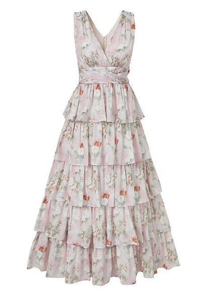 Bohemian Pink V Neck Print Chiffon Long Dresses Sleeveless ZL025 SH-LF-SDL240621