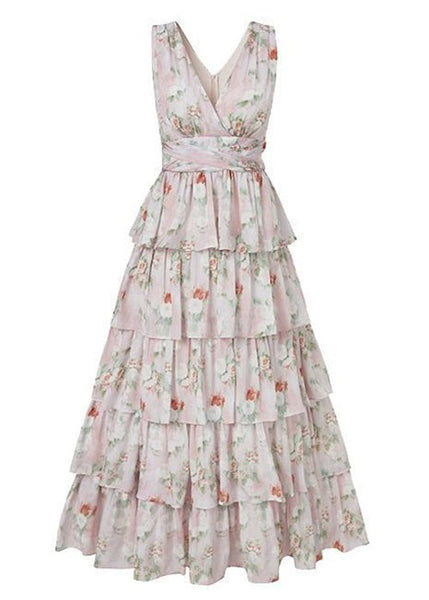 Bohemian Pink V Neck Print Chiffon Long Dresses Sleeveless ZL025 SH-LF-SDL240621