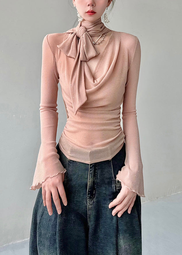 Bohemian Pink V Neck Solid Tulle T Shirts Fall AL1026 Genistyle Shop