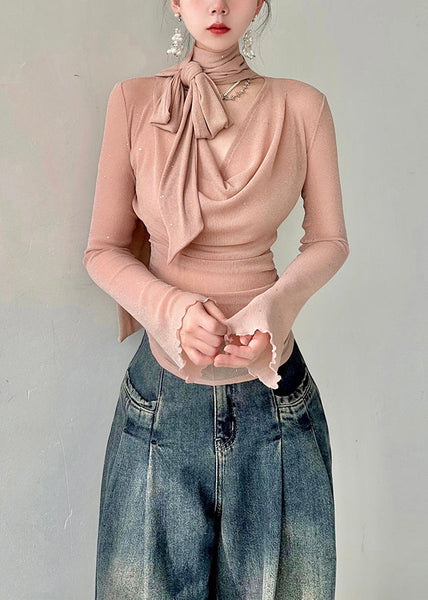 Bohemian Pink V Neck Solid Tulle T Shirts Fall AL1026 Genistyle Shop