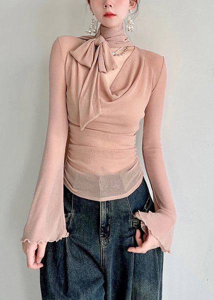 Bohemian Pink V Neck Solid Tulle T Shirts Fall AL1026 Genistyle Shop