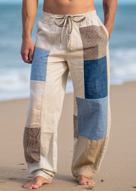 Summer Bohemian Asymmetrical Pants Mens Patchwork Plaid Cotton FashionChic