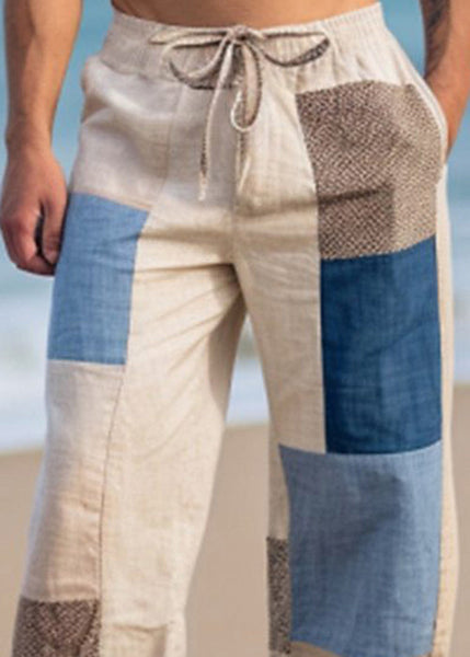 Summer Bohemian Asymmetrical Pants Mens Patchwork Plaid Cotton FashionChic