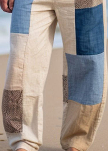 Summer Bohemian Asymmetrical Pants Mens Patchwork Plaid Cotton FashionChic