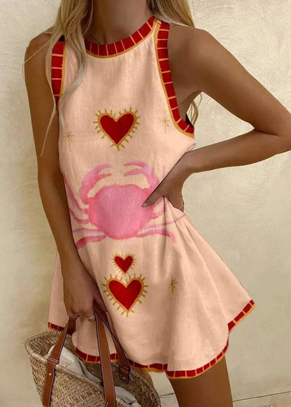 Linen Bohemian Sleeveless A Print Line Dress Mini FashionChic