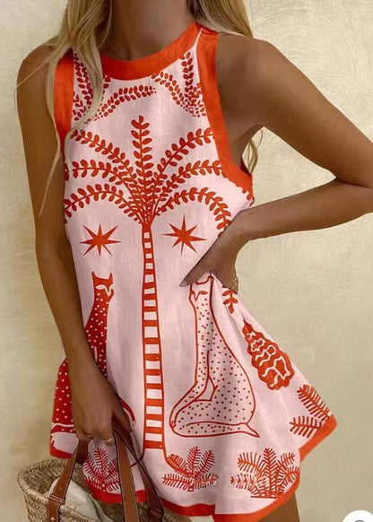 Linen Bohemian Sleeveless A Print Line Dress Mini FashionChic