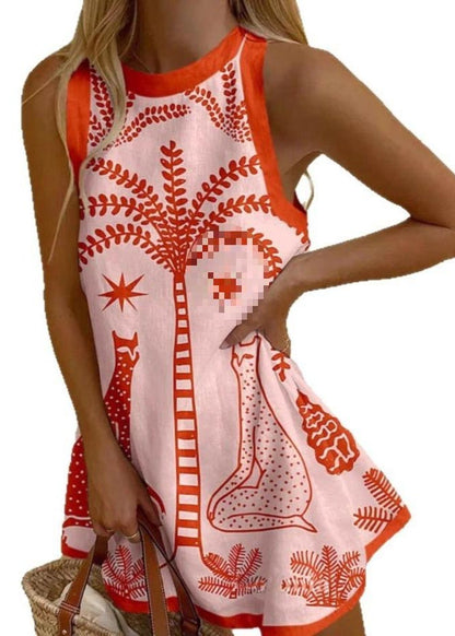 Linen Bohemian Sleeveless A Print Line Dress Mini FashionChic