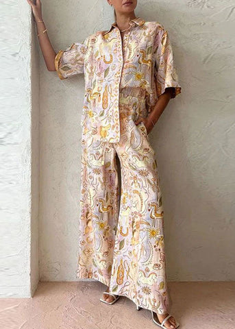 Bohemian Leg Pieces Two Pants And Print Shirts Summer Wide Set FashionChic