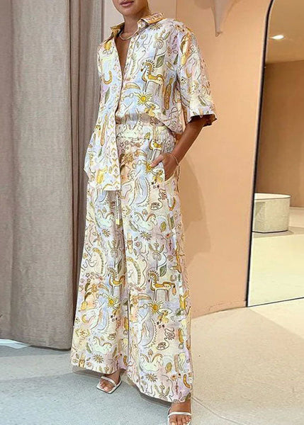 Bohemian Leg Pieces Two Pants And Print Shirts Summer Wide Set FashionChic