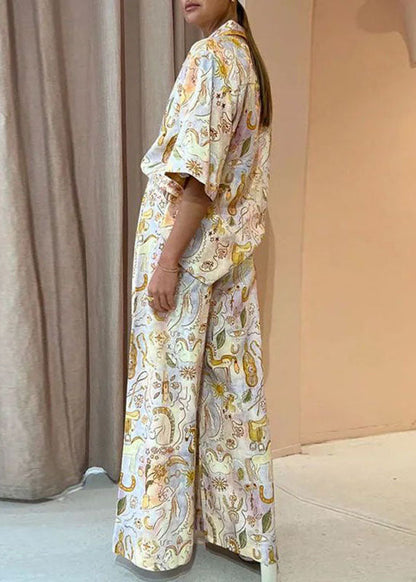 Bohemian Leg Pieces Two Pants And Print Shirts Summer Wide Set FashionChic