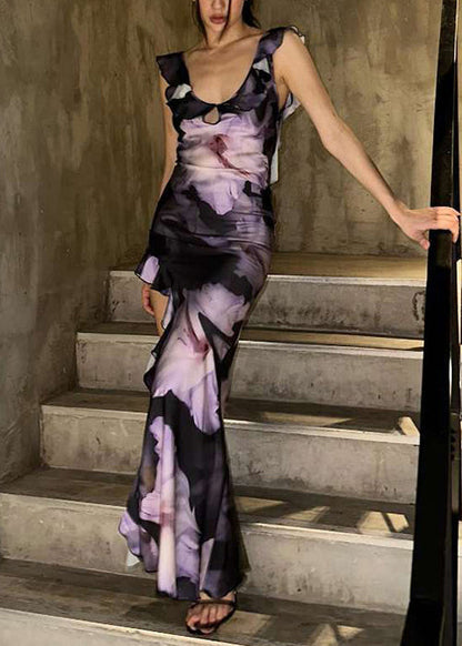 Purple Sleeveless Cotton Ruffled Asymmetrical Long Bohemian Dress FashionChic