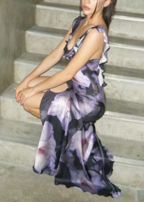 Purple Sleeveless Cotton Ruffled Asymmetrical Long Bohemian Dress FashionChic