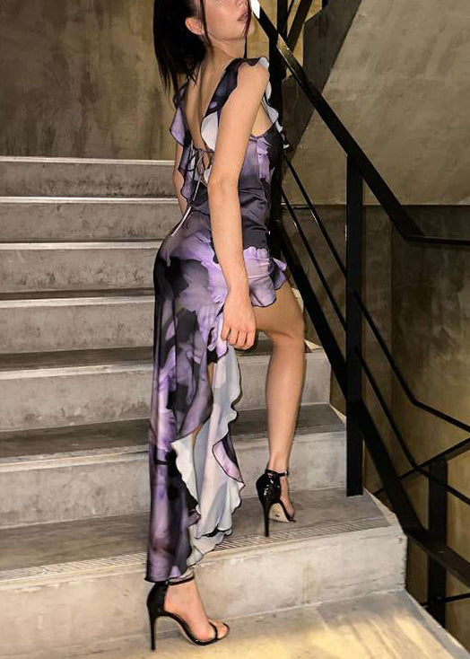 Purple Sleeveless Cotton Ruffled Asymmetrical Long Bohemian Dress FashionChic