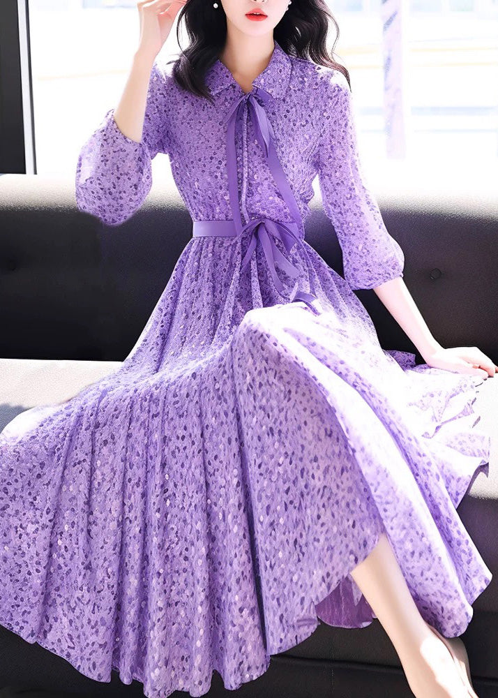 Bohemian Purple Peter Pan Collar Print Chiffon Dress Bracelet Sleeve AM1033 Genistyle Shop