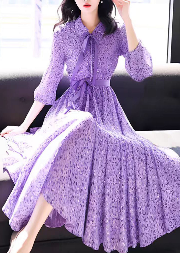 Bohemian Purple Peter Pan Collar Print Chiffon Dress Bracelet Sleeve QR032 OM-ZS240929