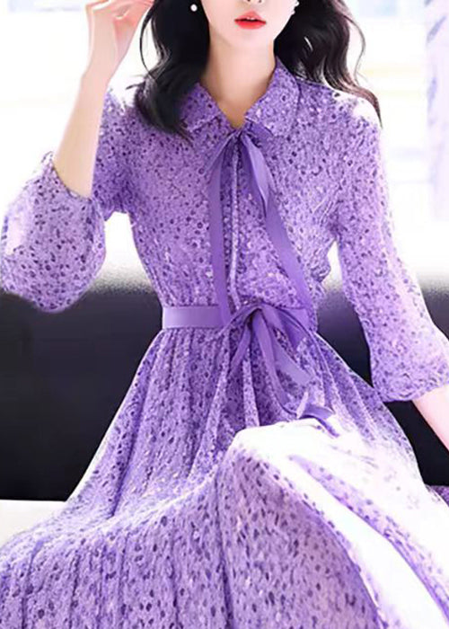 Bohemian Purple Peter Pan Collar Print Chiffon Dress Bracelet Sleeve QR032 OM-ZS240929