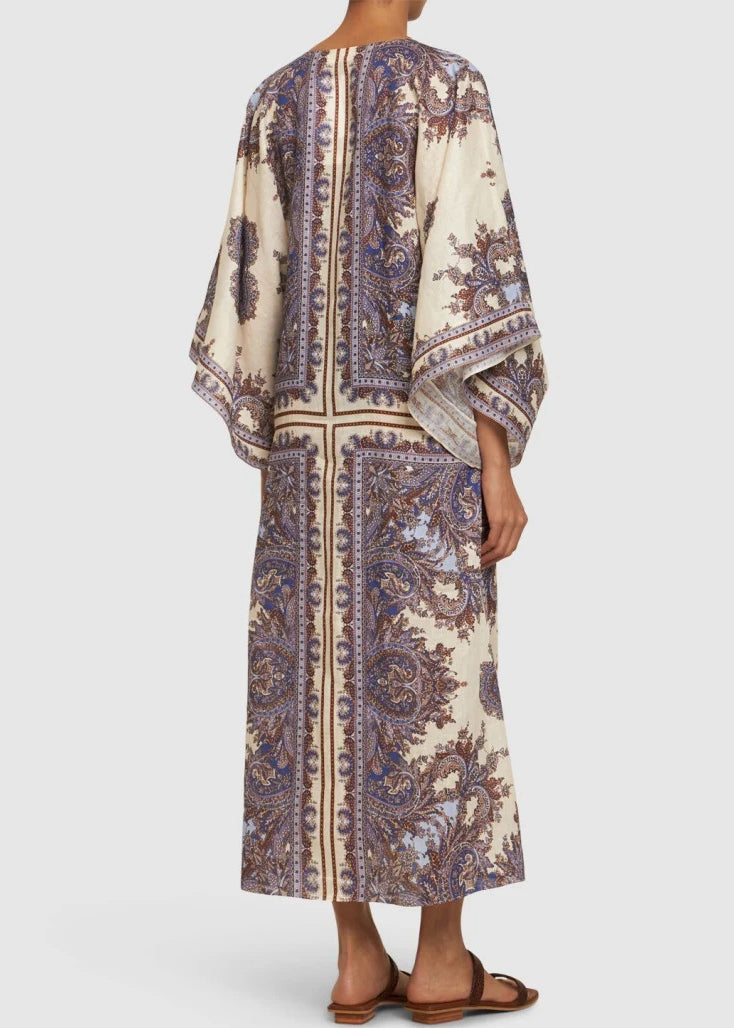 Bohemian Purple Print Lace Up Cotton Holiday Dress Fall AU1019 OM-ZS240902