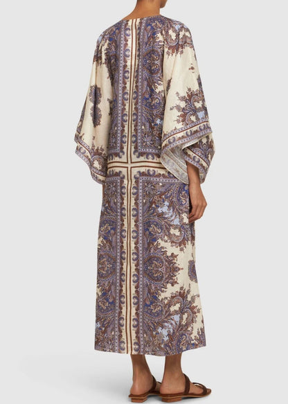 Bohemian Purple Print Lace Up Cotton Holiday Dress Fall AU1019 OM-ZS240902