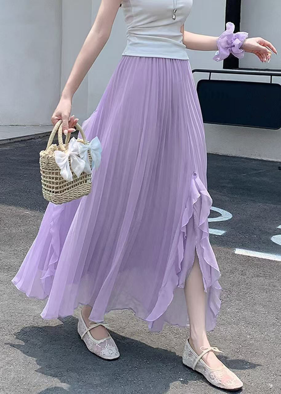 Summer Ruffled Elastic Bohemian Skirts Purple Waist Chiffon FashionChic
