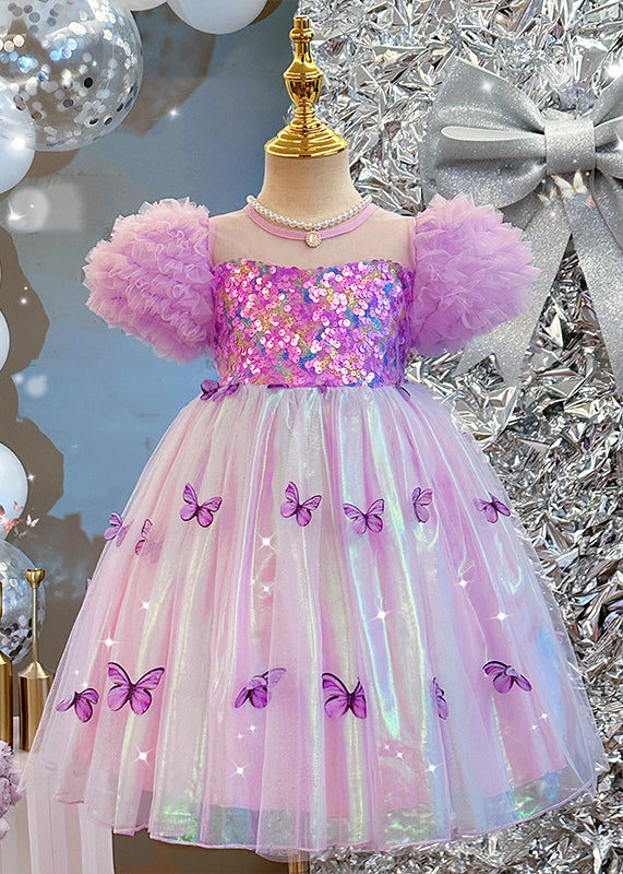 Bohemian Purple Sequins Print Tulle Girls Dress Puff Sleeve TT036 WS-JRTZSDGL240817