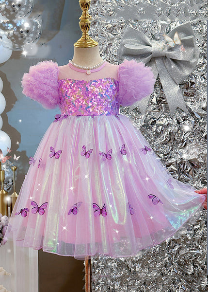 Bohemian Purple Sequins Print Tulle Girls Dress Puff Sleeve TT036 WS-JRTZSDGL240817