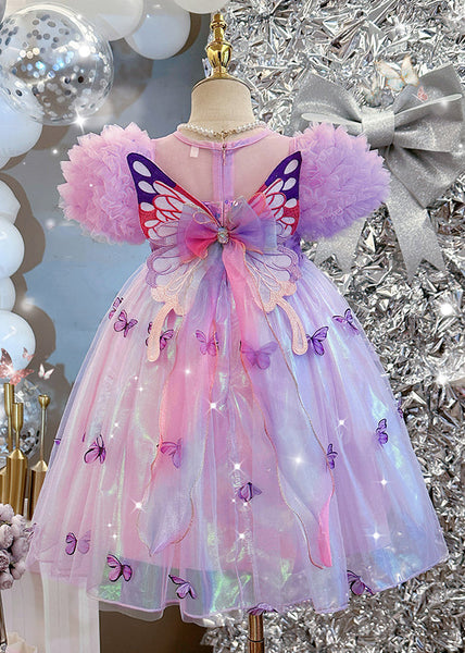 Bohemian Purple Sequins Print Tulle Girls Dress Puff Sleeve TT036 WS-JRTZSDGL240817