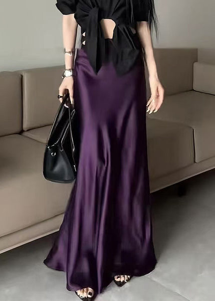 Solid Waist Summer Bohemian Silk Purple Skirts High FashionChic