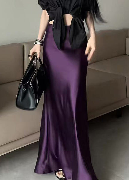 Solid Waist Summer Bohemian Silk Purple Skirts High FashionChic