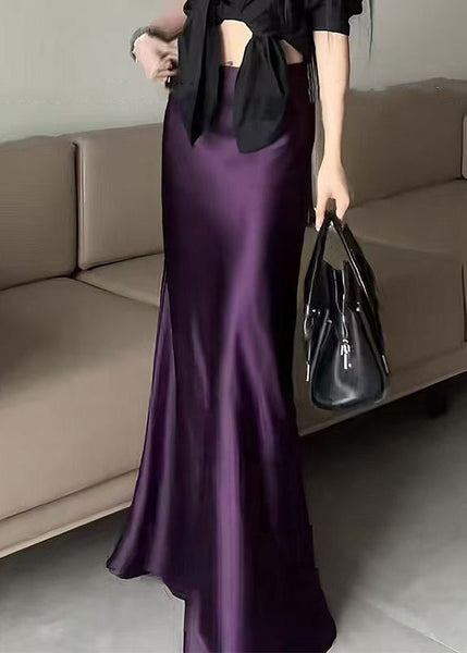 Solid Waist Summer Bohemian Silk Purple Skirts High FashionChic
