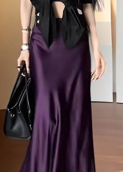 Solid Waist Summer Bohemian Silk Purple Skirts High FashionChic