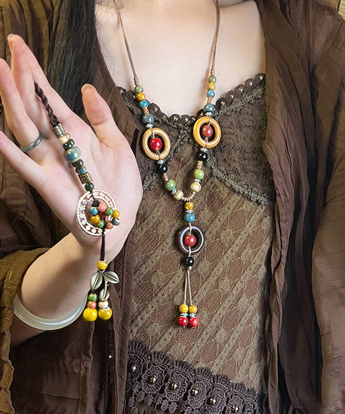 Nylon Necklace Rope Rainbow Beads Pendant Ceramic Bohemian FashionChic