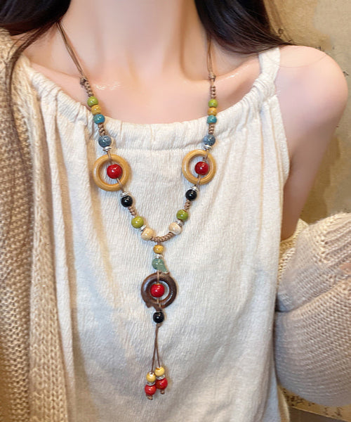 Nylon Necklace Rope Rainbow Beads Pendant Ceramic Bohemian FashionChic