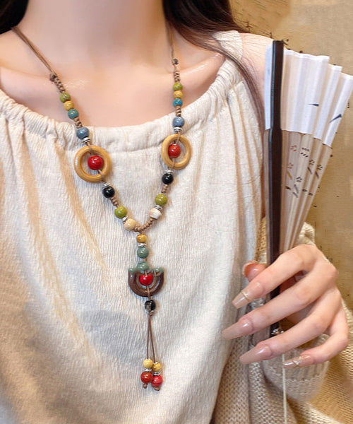Nylon Necklace Rope Rainbow Beads Pendant Ceramic Bohemian FashionChic