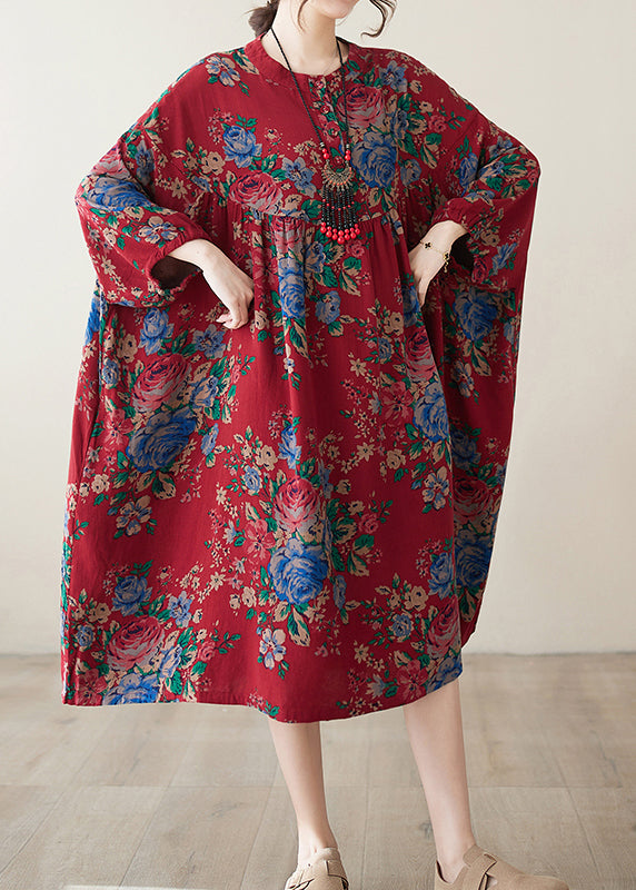 Bohemian Red O Neck Print Wrinkled Plus Size Cotton Dress Summer AP077 GK-SDM240718