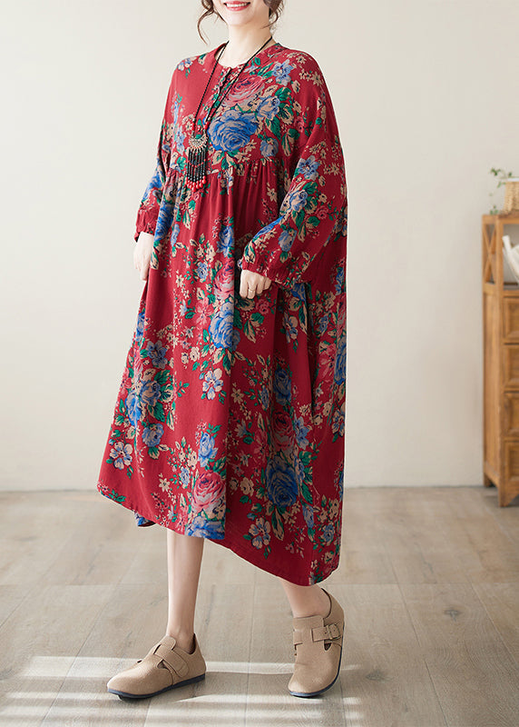 Bohemian Red O Neck Print Wrinkled Plus Size Cotton Dress Summer AP077 GK-SDM240718