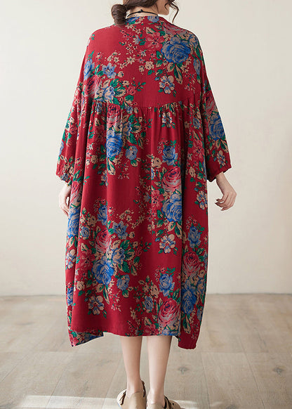 Bohemian Red O Neck Print Wrinkled Plus Size Cotton Dress Summer AP077 GK-SDM240718