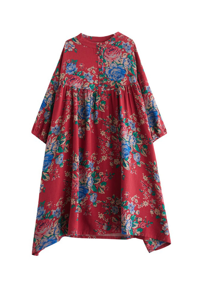 Bohemian Red O Neck Print Wrinkled Plus Size Cotton Dress Summer AP077 GK-SDM240718