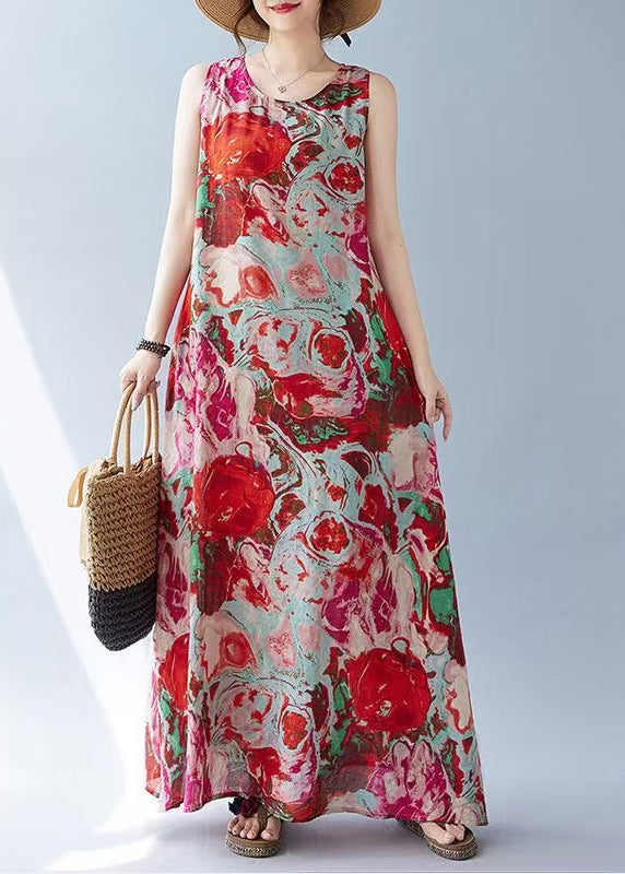 Oversized Holiday Bohemian Cotton Dress Red Sleeveless Print FashionChic