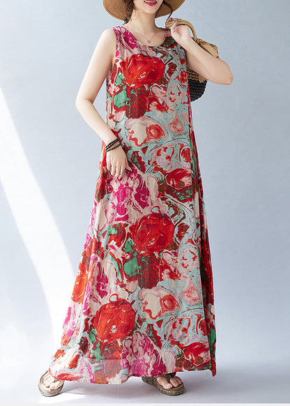 Sleeveless Red Print Oversized Dress Holiday Bohemian Cotton FashionChic