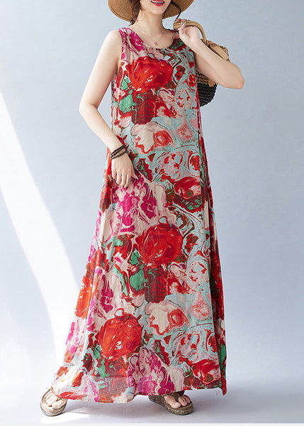 Sleeveless Red Print Oversized Dress Holiday Bohemian Cotton FashionChic