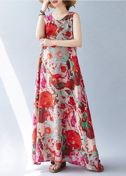Oversized Holiday Bohemian Cotton Dress Red Sleeveless Print FashionChic