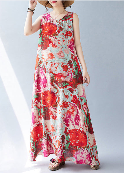 Sleeveless Red Print Oversized Dress Holiday Bohemian Cotton FashionChic