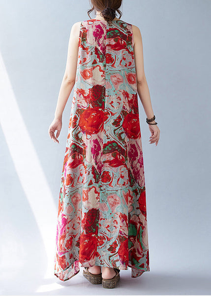 Sleeveless Red Print Oversized Dress Holiday Bohemian Cotton FashionChic