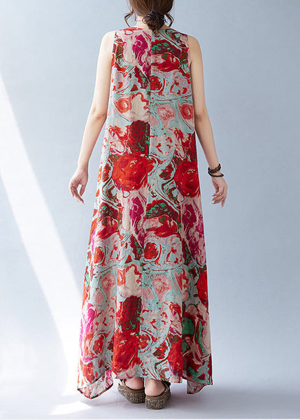 Oversized Holiday Bohemian Cotton Dress Red Sleeveless Print FashionChic