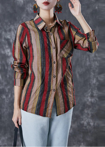 Bohemian Red Peter Pan Collar Striped Linen Shirt Top Fall Ada Fashion