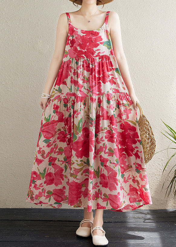 Bohemian Red Print Patchwork Cotton Spaghetti Strap Dress Sleeveless JH059 MMDM-SDL240717