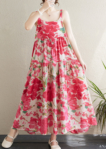 Bohemian Red Print Patchwork Cotton Spaghetti Strap Dress Sleeveless JH059 MMDM-SDL240717