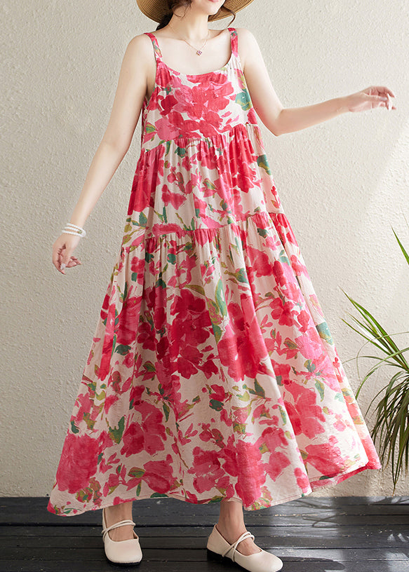 Bohemian Red Print Patchwork Cotton Spaghetti Strap Dress Sleeveless JH059 MMDM-SDL240717