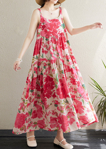 Bohemian Red Print Patchwork Cotton Spaghetti Strap Dress Sleeveless JH059 MMDM-SDL240717