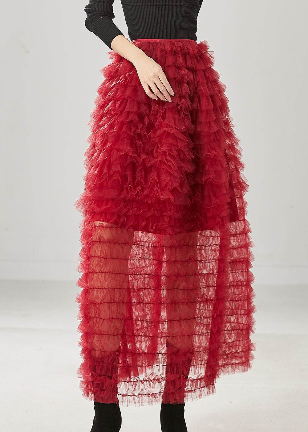 Bohemian Red Ruffled Tulle Skirt Summer YU1013 Ada Fashion